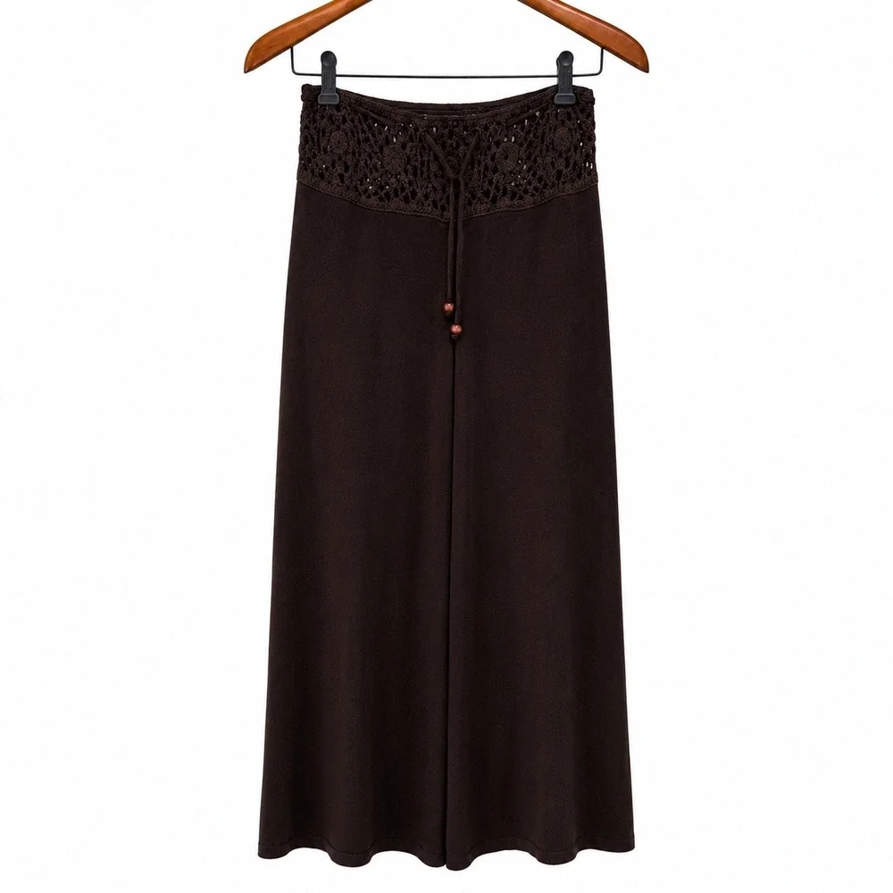 Espresso Brown Crochet Lace Waist Wide Leg Knit Pants Boho Drawstring Medium